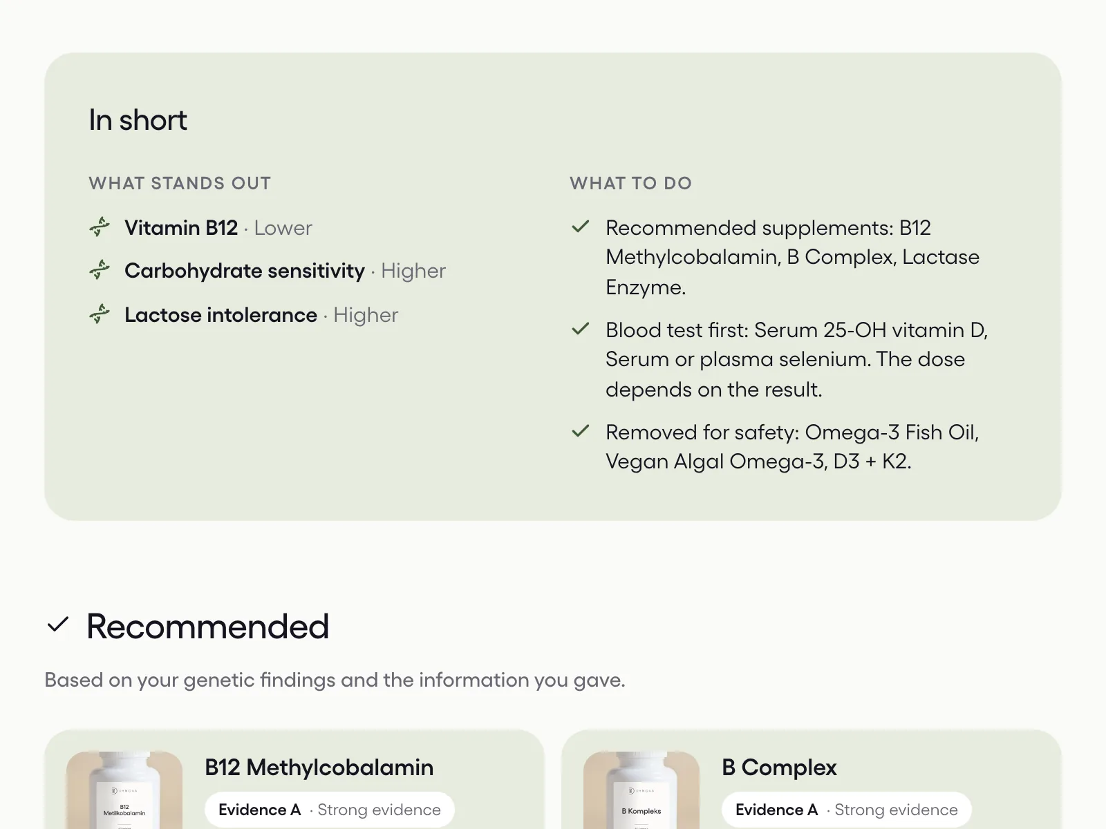 Sample nutrition report screen
